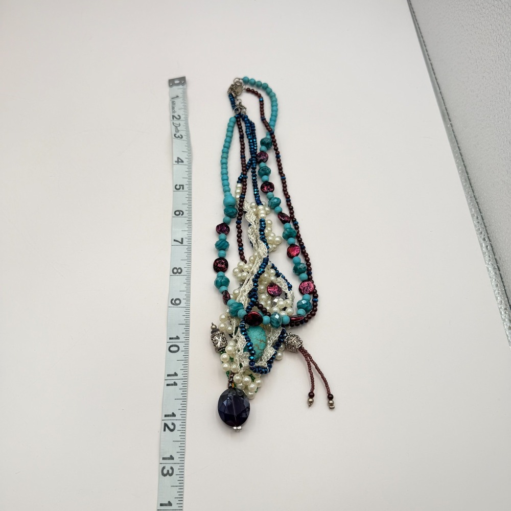 Vintage Y2K Multi Strand Beaded Turquoise Pearl Necklace Boho Statement Jewelry - Picture 14 of 14